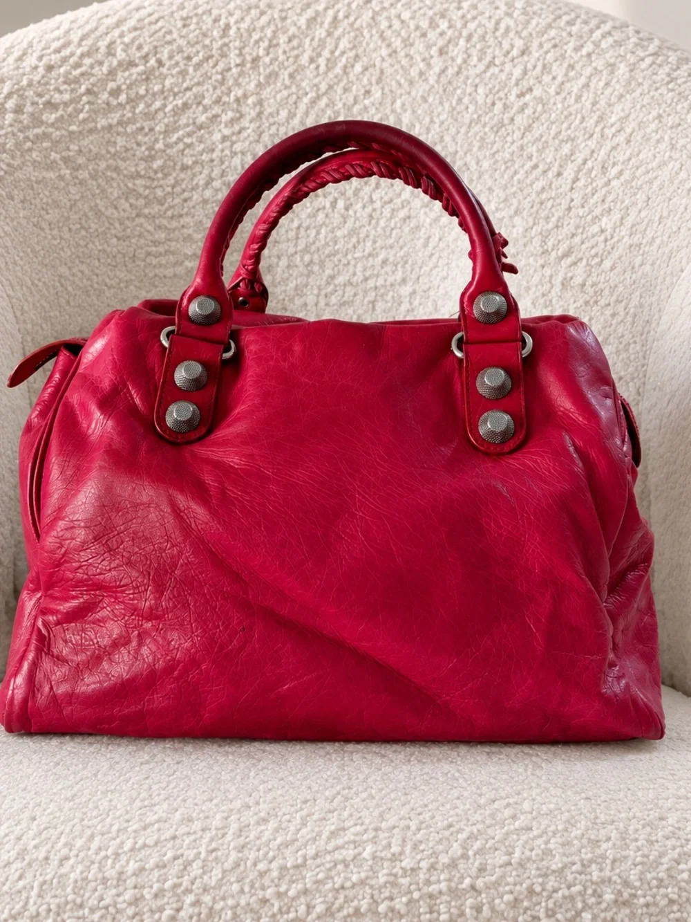 Balenciaga 2009 Ruby Red Lambskin Giant 21 Silver Midday Moto Bag